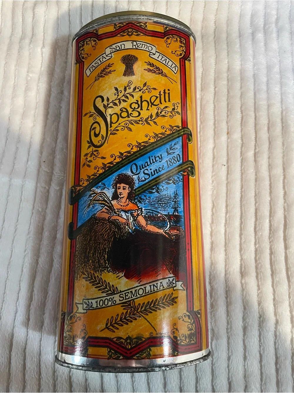 Vintage PastaTIN LITHO Metal Can SAN REMO Spaghetti Semolina Advertising 11.5”